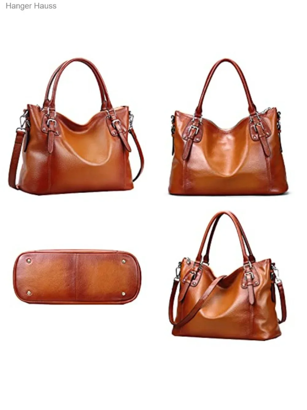 Genuine Leather Tote Satchel Handbag with Top Handles, Crossbody Strap
